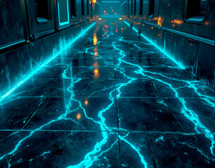 infinite neon grid marble with glowing cyan veins on charcoal slate, designed for a futuristic tron 