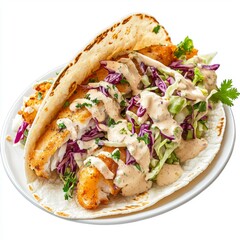 Wall Mural - Delicious crispy fish tacos topped with fresh cabbage, cilantro, and creamy sauce on a white plate