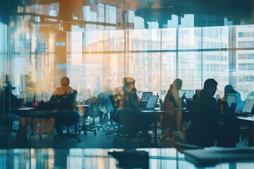 Poster - Data processing activity among diverse business professionals in a modern office environment, data processing over diverse business people in office