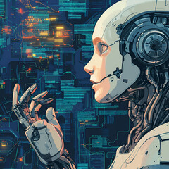 Poster - Digital Dreamer: A sophisticated cyborg with a human-like face, gazing thoughtfully at intricate digital displays, suggesting the seamless fusion of man and machine, envisioning a future.