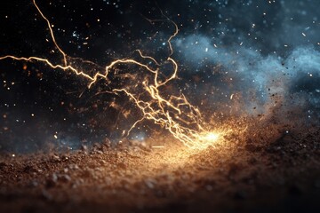 Poster - Creative visual of dirt charges and sparks illuminating the dark environment during an artistic event, Dirt Charges and sparks for creative video with black png background