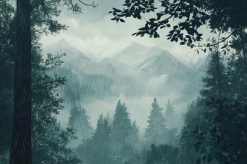 Poster - Rainy timelapse of misty mountains and lush forest capturing the tranquil beauty of nature, Timelapse rainy weather mountains misty fog forest tree wood pine
