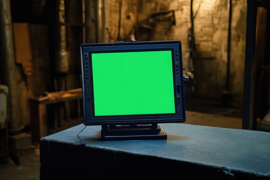 Graphics tablet elevated on a table in a dimly lit workshop setting during evening hours, A graphics tablet rises above the table, displaying information