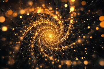 Poster - Bright particles create a motion visual representing sound and music in a swirling vortex of energy, Wave of bright particles, sound and music motion visualization