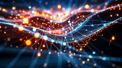 Poster - dynamic flow of illuminated abstract waves with vibrant particles in motion