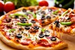 © artwiyanastudio - Delicious meat lovers pizza with melted cheese, olives, peppers, and onions, a slice pulled out showing cheesy goodness.