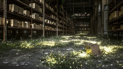 Wall Mural - Abandoned warehouse, overgrown with weeds, sunlight streams through, boxes scattered. Use industrial decay imagery