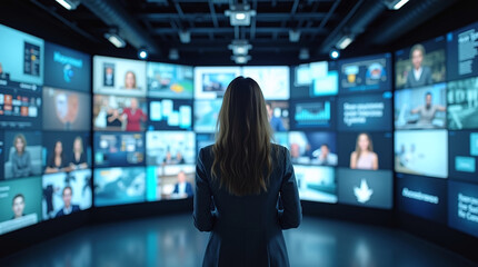 a woman standing with her back to the camera, in front of a large curved screen consisting of many separate screens.