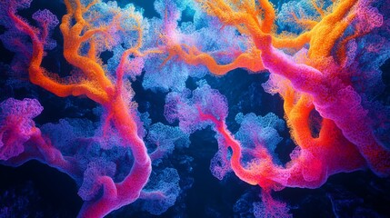 Wall Mural - Abstract vibrant coral reef, underwater, glowing, science