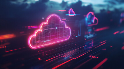 Poster - Abstract Digital Cloud Computing Network Technology Data Server Red Web Neon Pink Glow Cyber Purple 