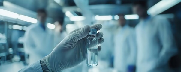 Poster - scientist holding a medical vial in a high-tech laboratory setting
