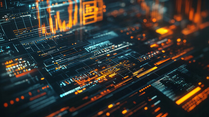 Poster - abstract digital interface futuristic technology background orange blue art data code glow cyber