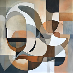 Poster - Geometric Abstraction: An intricate artwork where geometric forms intertwine, featuring a play of light and shadow in muted, earth-toned hues to provoke thought. 