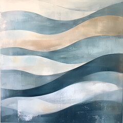 Poster - Oceanic Waves: An artistic rendition of serene ocean waves, painted with soft hues of blues, tans, and creams, creates a calming and abstract composition.