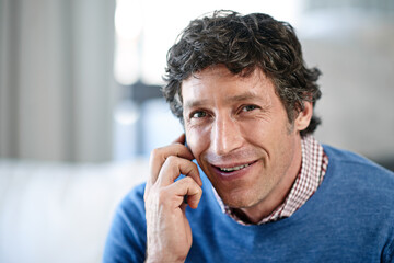 Poster - Man, portrait and phone call in office for discussion, negotiation offer and speaking to client. Male person, online and discussion with business contact in workplace, financial consultant and app