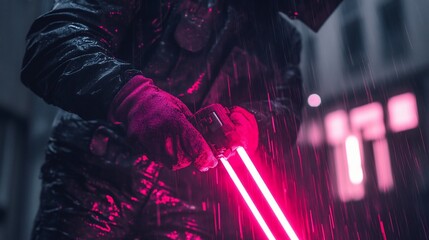 Wall Mural - Cyberpunk warrior, neon city rain