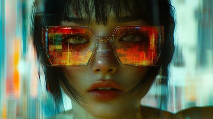 Poster - Cyberpunk woman, city reflection, futuristic glasses, neon lights, digital art