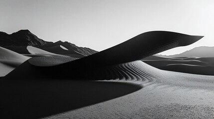 Wall Mural - Desert dune curves, sunrise shadows, mountains backdrop, nature photography