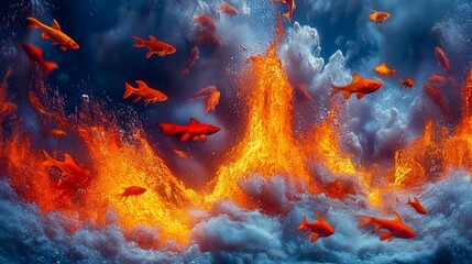 Wall Mural - Fiery aquatic eruption; fish leap, surreal clouds