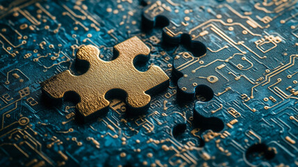 Poster - Golden Puzzle Piece on Circuit Board Technology Solution Blue Design Future Modern Problem Solving  