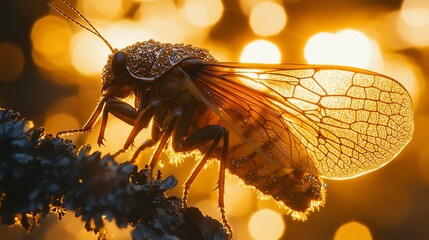 Wall Mural - Golden hour cicada perched on plant, bokeh background, nature macro