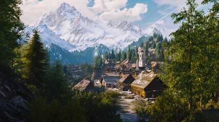 Mountain village view with snow capped mountains, forest, and a blue cloudy sky