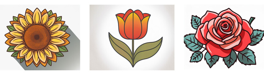 Wall Mural - three vibrant floral illustrations: a sunflower, tulip, and rose. each bloom is depicted in a distin