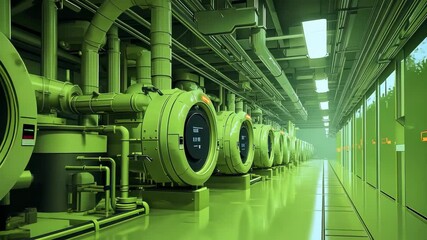 Poster - Futuristic Industrial Facility with Green Machinery and Digital Displays Showcasing Advanced Technology and Innovation in Modern, High Tech Environment with Sci Fi Atmosphere