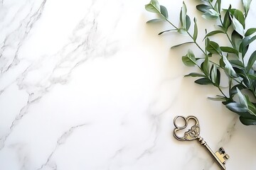 Wall Mural - Elegant Marble Background with Vintage Key and Greenery