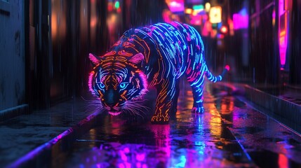 Wall Mural - Neon tiger walks rainy city street at night; futuristic art