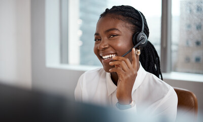 Poster - Computer, black woman and portrait with microphone for call center, consulting or telemarketing for sales. Office, female person or business agent with headset for customer service, research or smile