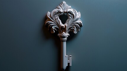 Ornate Silver Key on Teal Background