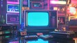 © fivan - Futuristic 80s retro TV, glowing with neon hues, placed on a glass table with cassette players and sci-fi memorabilia