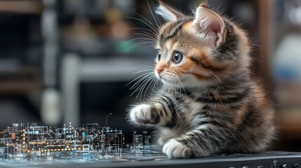 Poster - Kitten creating autonomous smart community designs in a tech environment digital art playful atmosphere