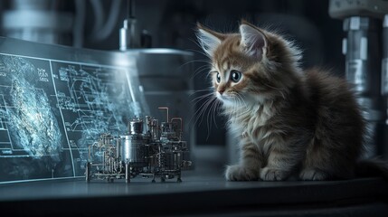 Aufkleber - A curious kitten discovers geothermal energy concepts in a futuristic lab environment inspiring innovation