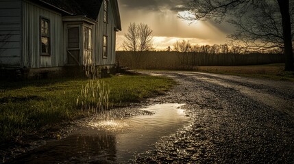 Poster - Rustic farmhouse, sunset, puddle, dripping water, serene scene