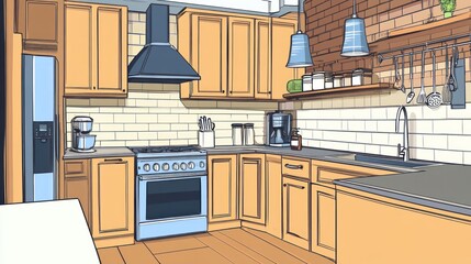 Wall Mural - A modern kitchen with wooden cabinets, stainless steel appliances, and a cozy atmosphere.