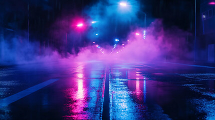 Wall Mural - a neon light show with a purple and blue light in the middle. the lights are on a wet floor visualiz