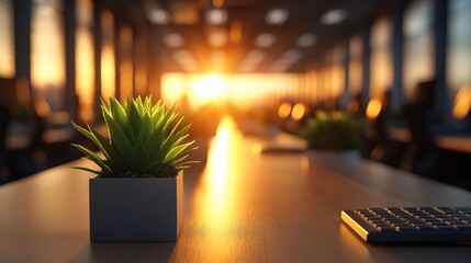 Wall Mural - Sunset office, plant, calculator, desk