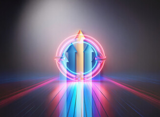 Poster - a double exposure image showcases two neon arrows forming a circular, upward motion within a glowing