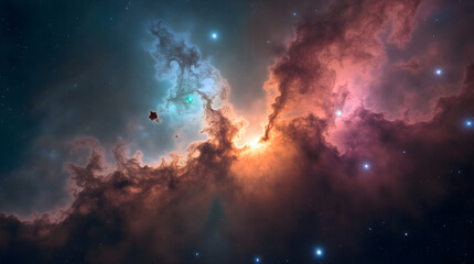 Wall Mural - Stunning Nebula Space Art: Cosmic Clouds of Red Pink Blue and Orange Hues, Starry Night Sky Background, Digital Painting