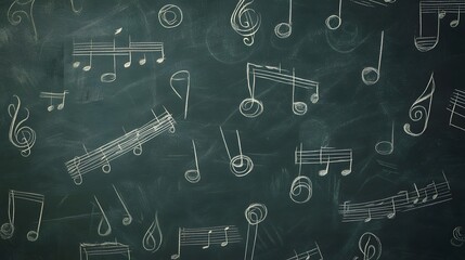 Aufkleber - A chalkboard filled with various musical notes clefs and symbols representing the elements of music composition education and creative expression  The abstract background suggests a musical studio