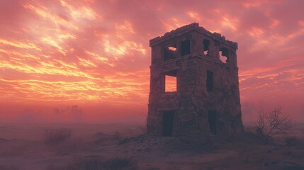 Canvas Print - Crumbling Watchtower Against Dramatic Sunset Overlooking Landscape