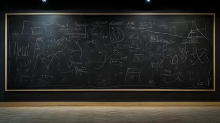 Poster - a vast chalkboard filled with a diverse array of equations diagrams sketches and notes showcasing th