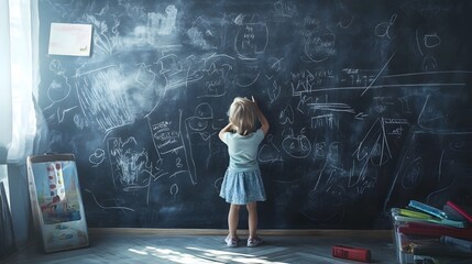 Poster - A young female student deeply engrossed in creative and writing on a large chalkboard in a classroom setting  The chalkboard is filled with various drawings diagrams and mathematical equations