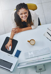 Poster - Top view, happy and portrait of businesswoman on computer for research, software and ai development. Above, startup and employee at desk for creative project, it and programmer coding in Brazil