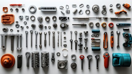 Wall Mural - A diverse collection of mechanical tools arranged neatly on a white surface for easy access