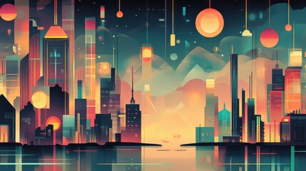 Poster - Futuristic Cityscape at Sunset Over Water