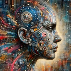 Wall Mural - a surreal portrait where traditional acrylic painting blends into an abstract digital collage filled