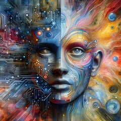 Wall Mural - a surreal portrait where traditional acrylic painting blends into an abstract digital collage filled